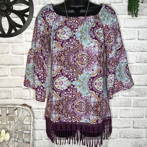 Charming Charlie Boho Hippie Purple Crochet Tassel Fringe Top Shirt Size Small